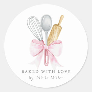 Baked With Love Elegant Pink Bow Personalised  Classic Round Sticker