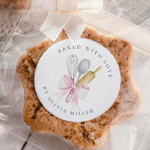 Baked With Love Elegant Pink Bow Personalised  Classic Round Sticker