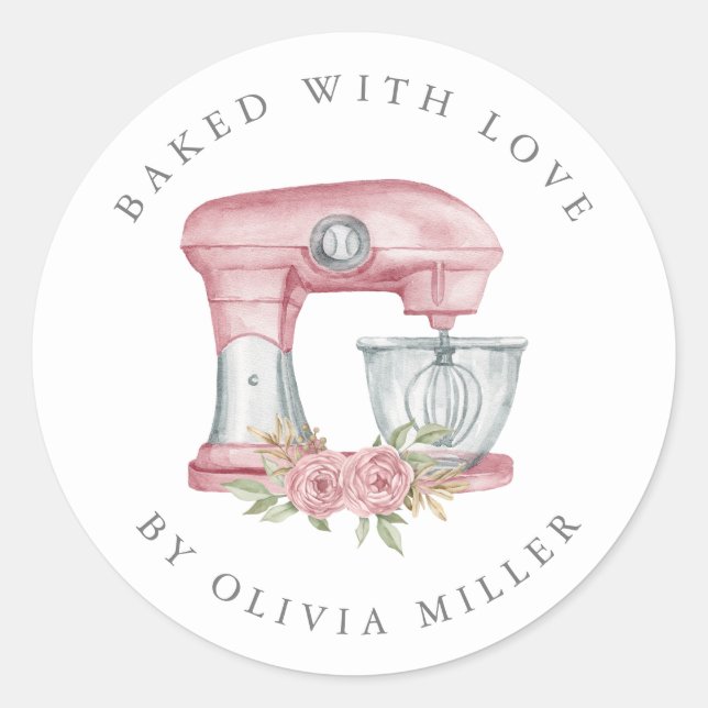 Baked With Love Elegant Pink Mixer Pastry  Classic Round Sticker (Front)