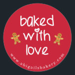 Baked with Love - Gingerbread Men - Christmas Classic Round Sticker<br><div class="desc">NewParkLane - Red stickers with quote 'Baked with Love' in a cute hand lettered white typography, with two little gingerbread men. The letter i has a heart. Add your own name or other text in the easy-to-use text templates, for a personalised design and choose the background colour of your liking....</div>