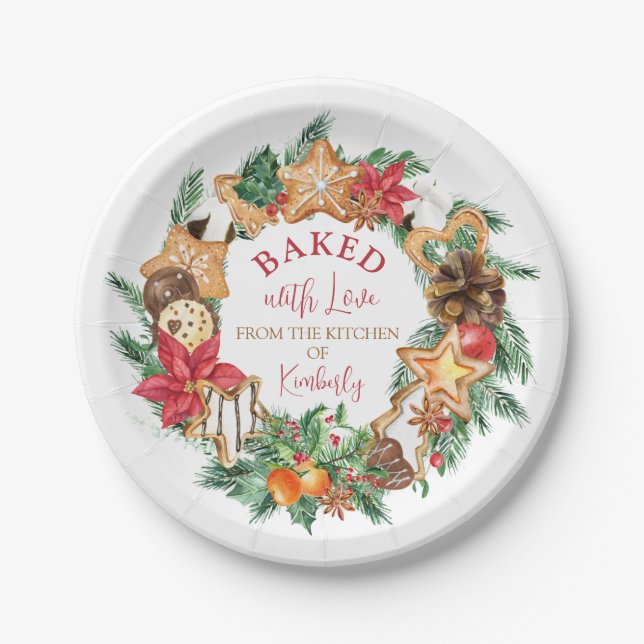 Baked with love Gingerbread wreath Christmas Paper Plate (Front)