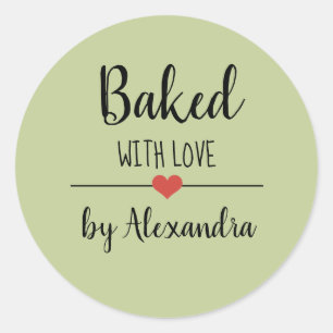 Baked with love green script name  classic round sticker