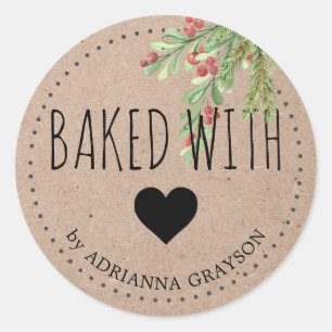 Baked With Love Kraft Paper Heart Winter Greenery Classic Round Sticker