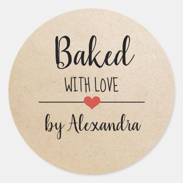 Baked with love kraft script name classic round st classic round sticker (Front)