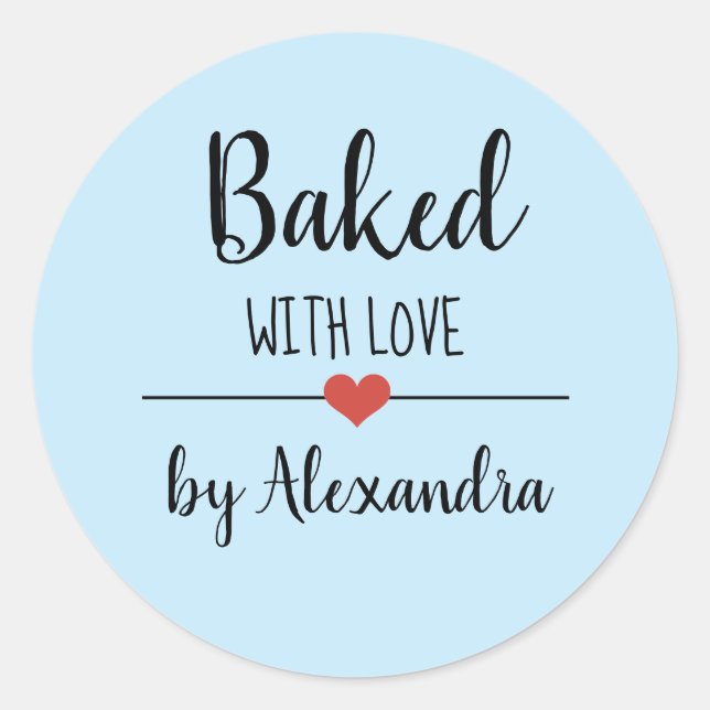 Baked with love light blue script name  classic round sticker (Front)