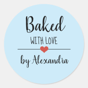 Baked with love light blue script name classic round sticker