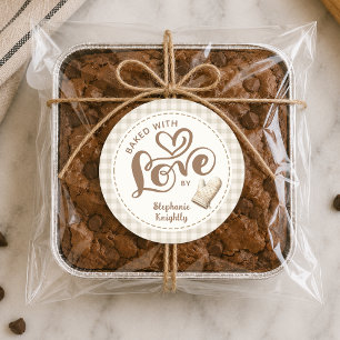 Baked With Love Neutral Gingham Personalised Classic Round Sticker