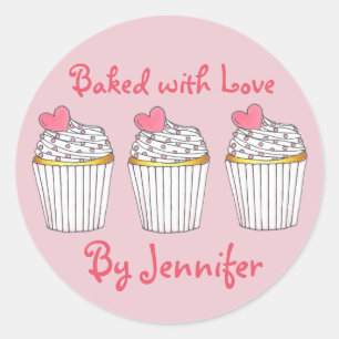 Baked with Love Personalised Pink Cupcake Heart Classic Round Sticker