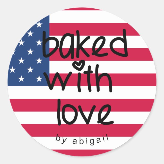 Baked with Love - Personalised U.S. Flag Classic Round Sticker (Front)