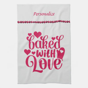 Baked With Love Quote Red Heart Pearl Tea Towel