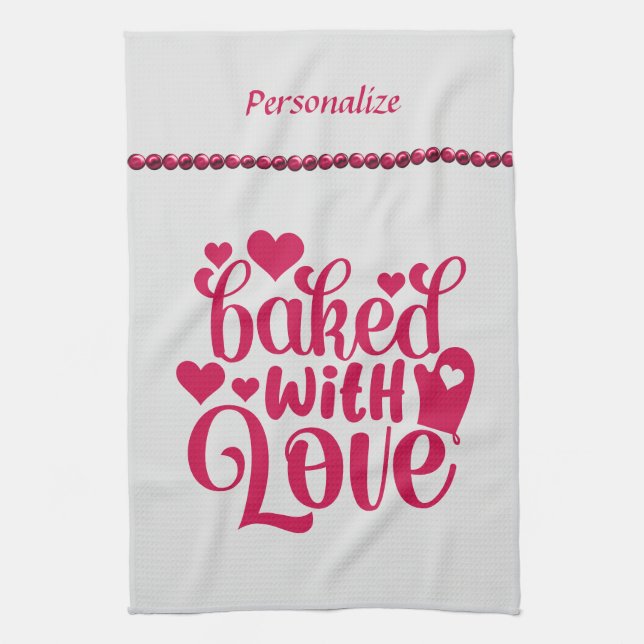 Baked With Love Quote Red Heart Pearl Tea Towel (Vertical)