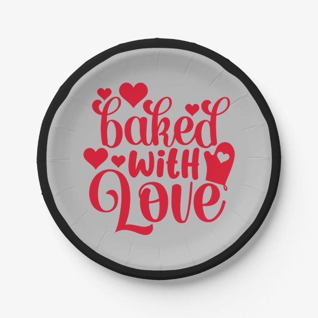 Baked With Love Quote Red Hearts Party Paper Plate (Front)