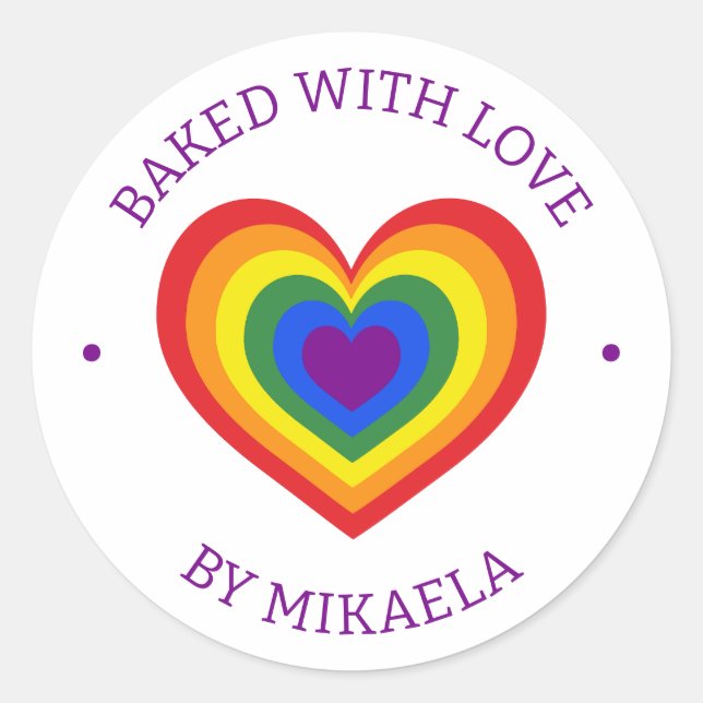 Baked With Love Rainbow Heart Custom Name Classic Round Sticker (Front)