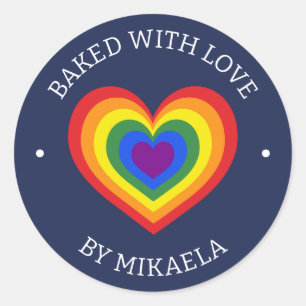 Baked With Love Rainbow Heart Custom Name Navy Classic Round Sticker