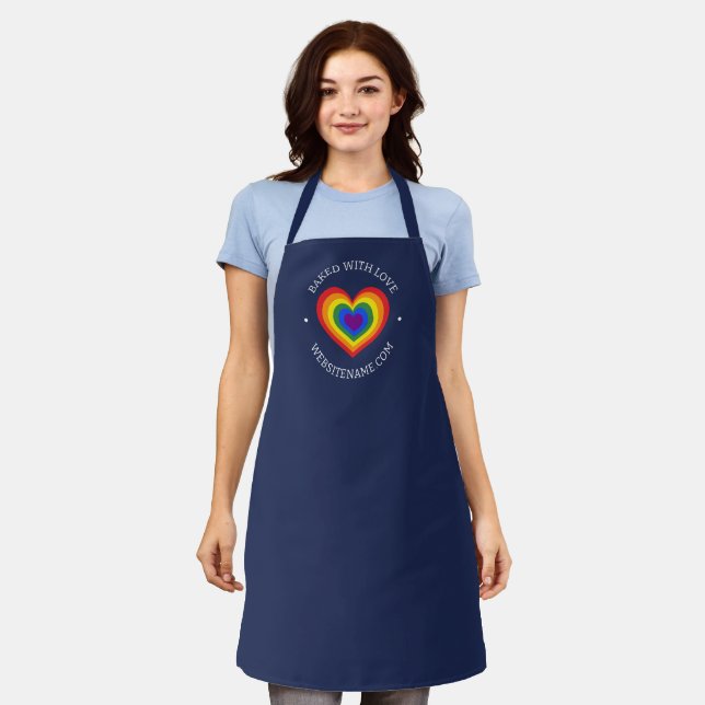 Baked With Love Rainbow Heart Custom Text Navy Apron (Worn)