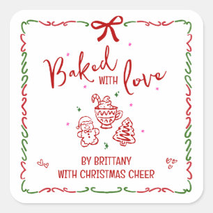 Baked With Love Red Christmas Quirky Doodles White Square Sticker