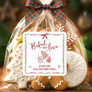 Baked With Love Red Christmas Quirky Doodles White Square Sticker