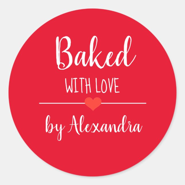 Baked with love red white script name  classic round sticker (Front)
