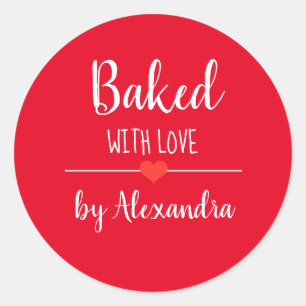 Baked with love red white script name  classic round sticker