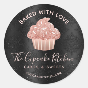 Baked With Love Rose Gold Glitter Cupcake Black Classic Round Sticker
