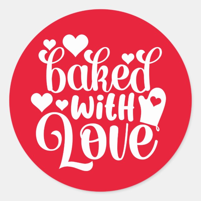 Baked With Love | Typography Holiday Red Baking Classic Round Sticker (Front)