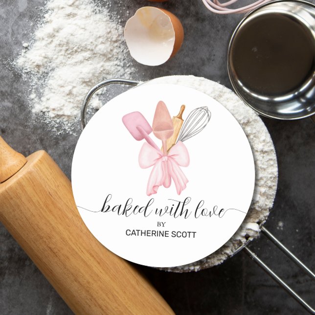 Baked with love watercolor personalised classic round sticker (Creator Uploaded)