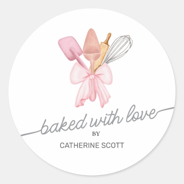 Baked with love watercolor personalised classic round sticker (Front)