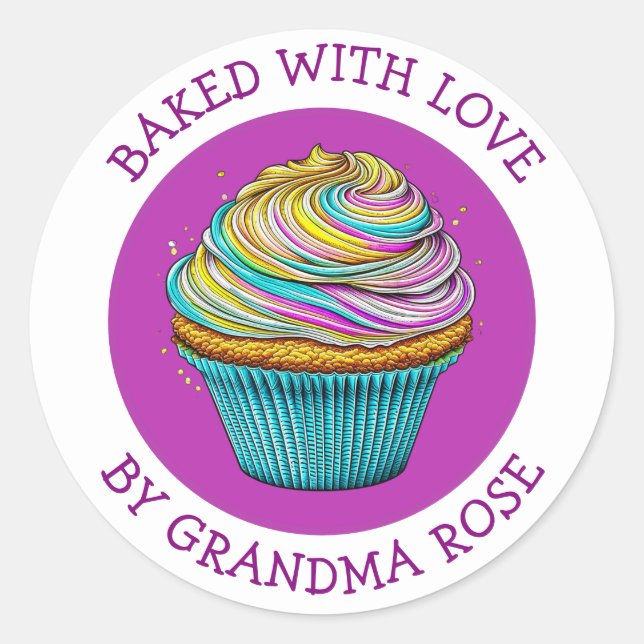 Baked with Love Whimsical Cupcake Personalised Classic Round Sticker (Front)