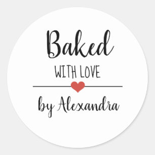 Baked with love white script name classic round s sticker