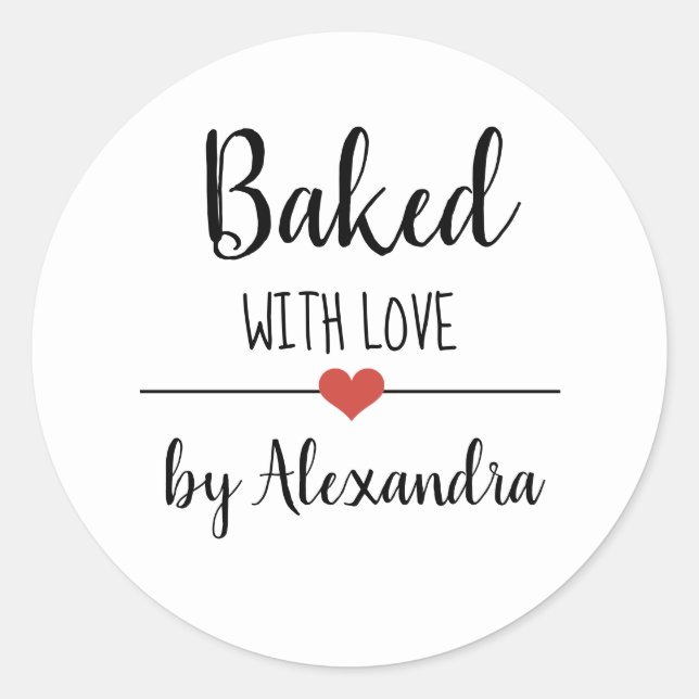 Baked with love white script name  classic round sticker (Front)