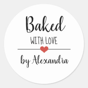Baked with love white script name classic round sticker