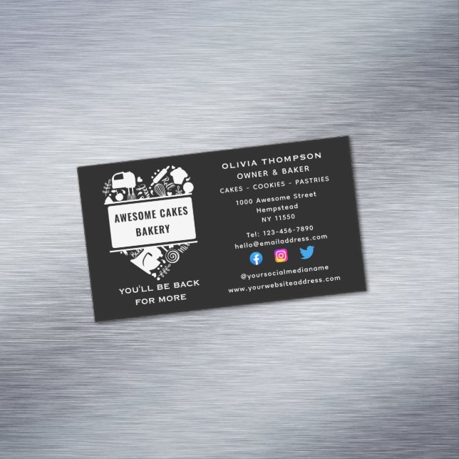 Baker Bakery Cakes Cookies Pastry Chef Black White Magnetic Business Card (In Situ)