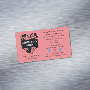 Baker Bakery Cakes Cookies Pastry Chef Pink Black Magnetic Business Card