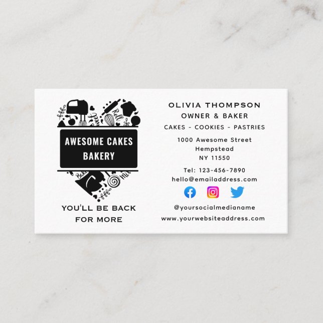 Baker Bakery Cakes Cookies Pastry Chef White Black Business Card (Front)