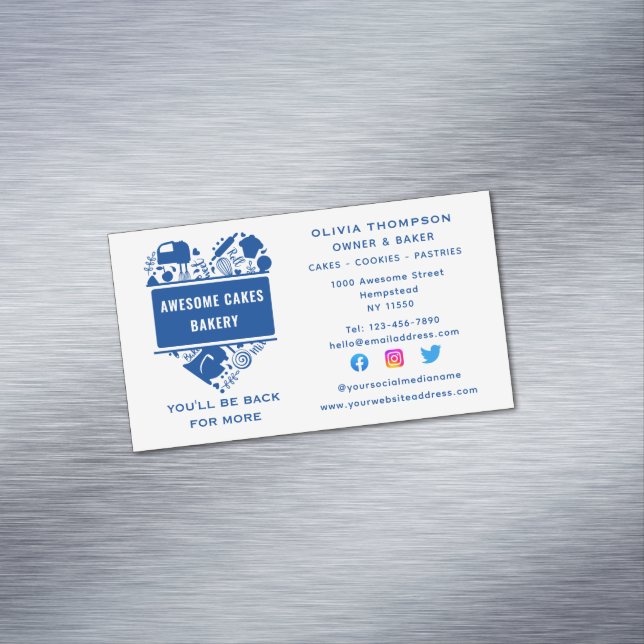 Baker Bakery Cakes Cookies Pastry Chef White Blue Magnetic Business Card (In Situ)