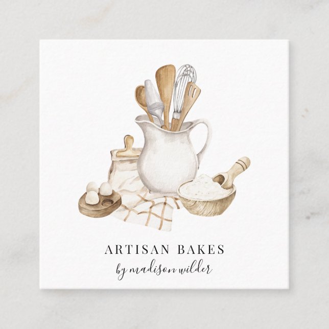 Baker Bakery Pastry Chef  Watercolor Square Business Card (Front)