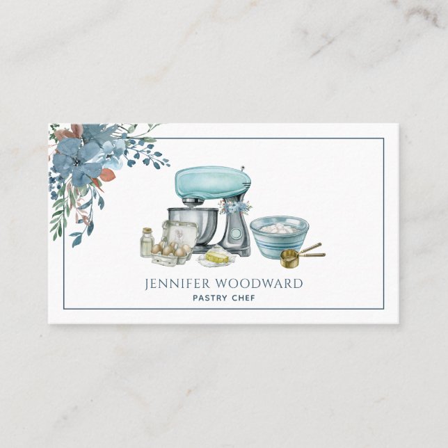 Baker Blue Watercolor Pastry Chef  Business Card (Front)