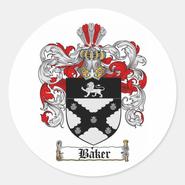 BAKER FAMILY CREST -  BAKER COAT OF ARMS CLASSIC ROUND STICKER (Front)