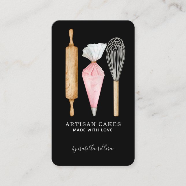 Baker Pastry Chef Baking Utensils Black  Business Card (Front)