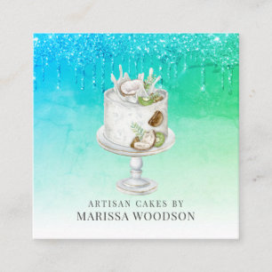 Baker Pastry Chef Cake Blue Green Glitter Drips Sq Square Business Card