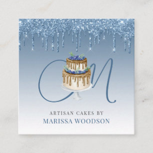 Baker Pastry Chef Elegant Cake Blue Glitter Drips Square Business Card