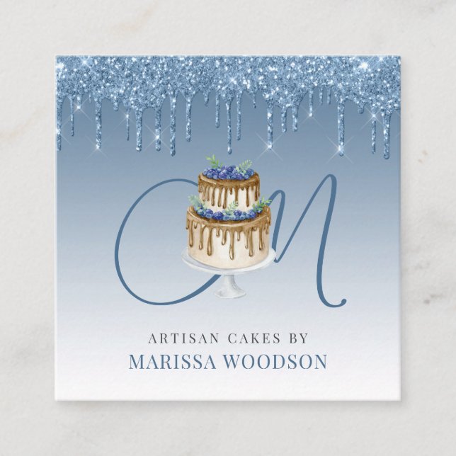 Baker Pastry Chef Elegant Cake Blue Glitter Drips Square Business Card (Front)