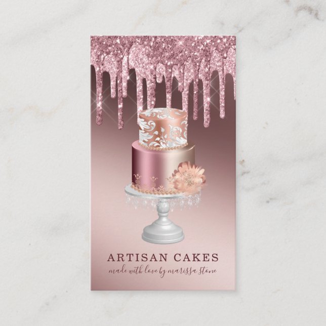 Baker Pastry Chef Rose Gold Glitter Drips Cake Business Card (Front)