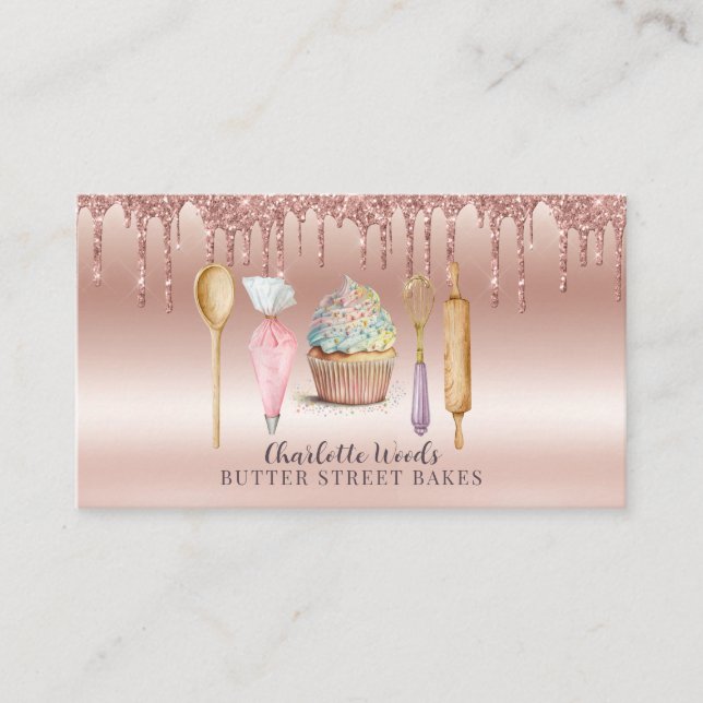 Baker Pastry Chef Rose Gold Glitter Drips Utensils Business Card (Front)