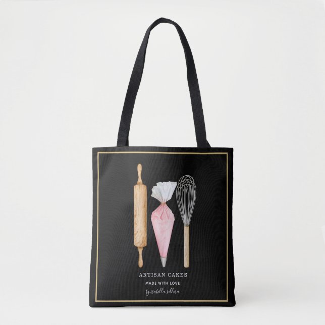 Baker Pastry Chef Utensils On Black Tote Bag (Front)