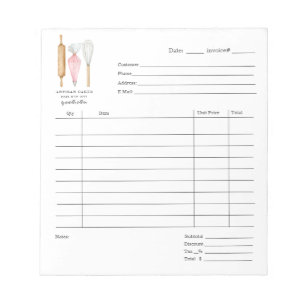 Baker Pastry Chef Watercolor Baking Invoice Pad
