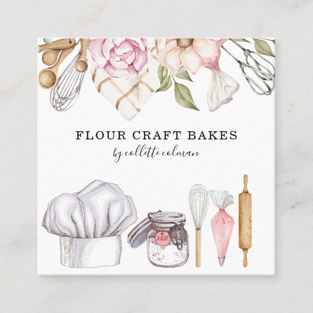 Baker Pastry Chef Watercolor Baking Tools  Square Business Card (Front)