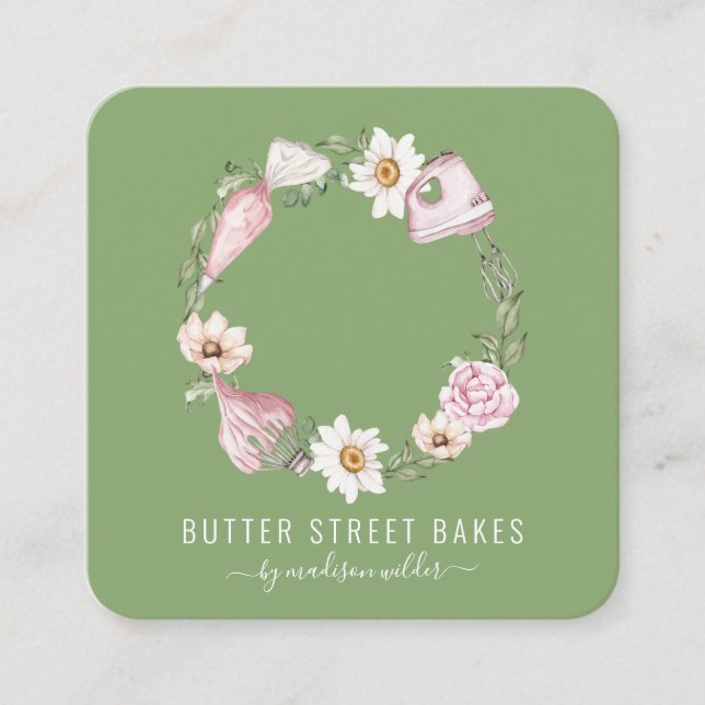 Baker Pastry Chef Watercolor Baking Utensil Floral Square Business Card (Front)
