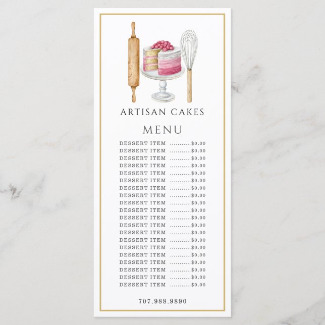 Baker Pastry Chef Watercolor Baking Utensils  Menu (Front)