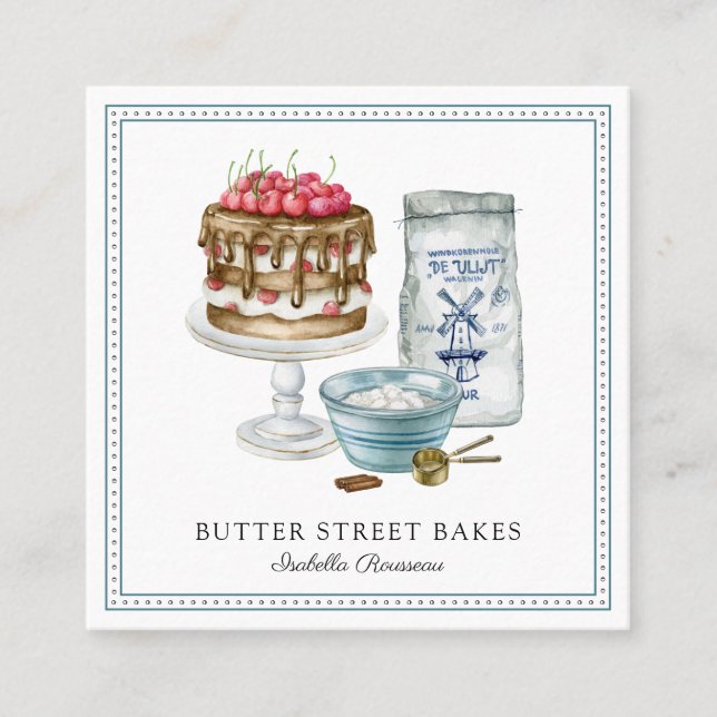 Baker Pastry Chef  Watercolor Cake Square Business Card (Front)